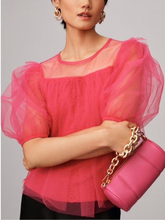 Anthropologie Tops - Anthropologie Sheer Magenta Puff Sleeve Top Small